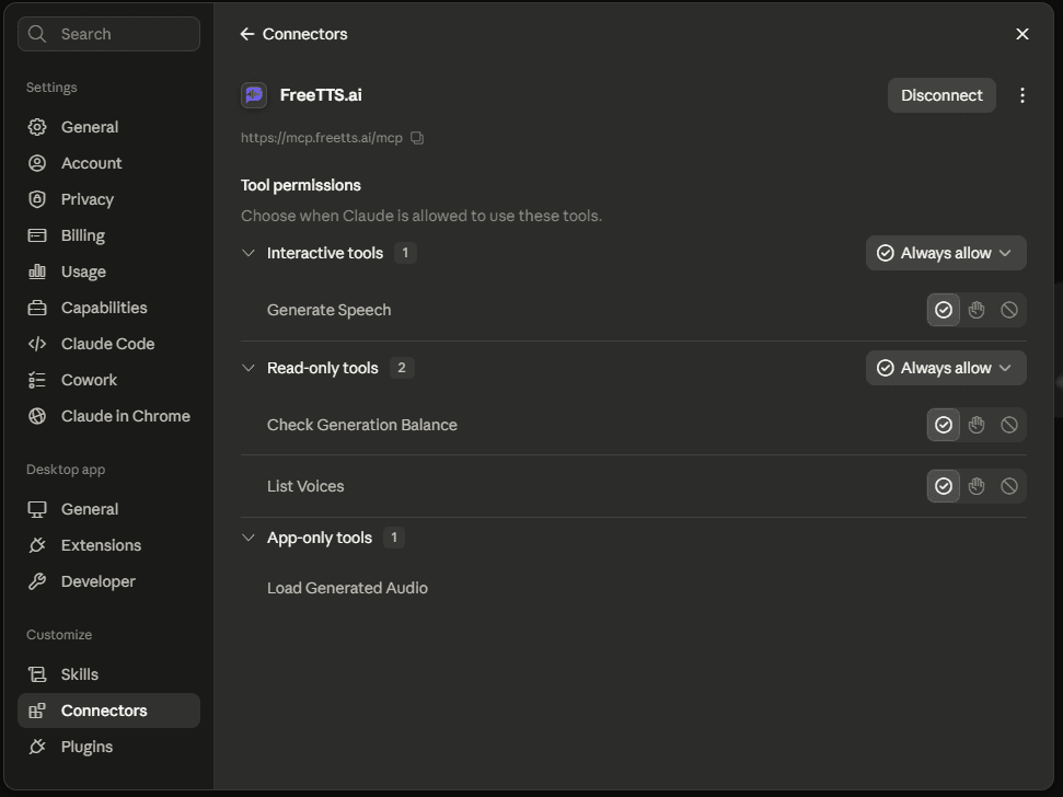 FreeTTS.ai running inside Claude, screenshot 4 of 6