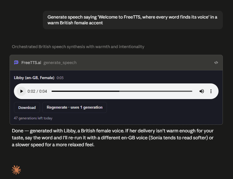 FreeTTS.ai running inside Claude, screenshot 5 of 6